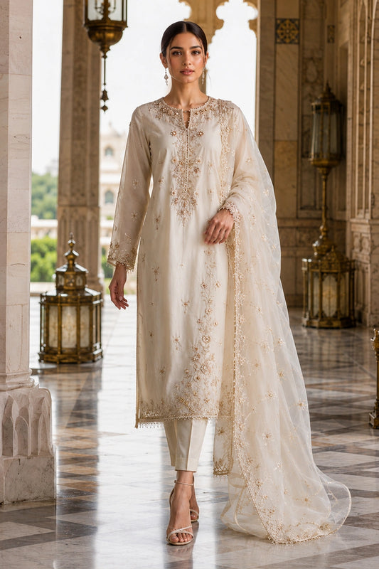 Luxury ivory Korean silk formal suit with pearl embroidery and embroidered silk organza dupatta by Miraam