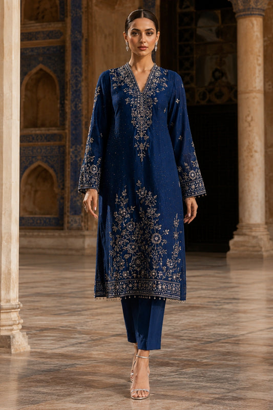 Luxury royal blue raw silk formal dress with silver embroidery and embroidered organza dupatta by Miraam