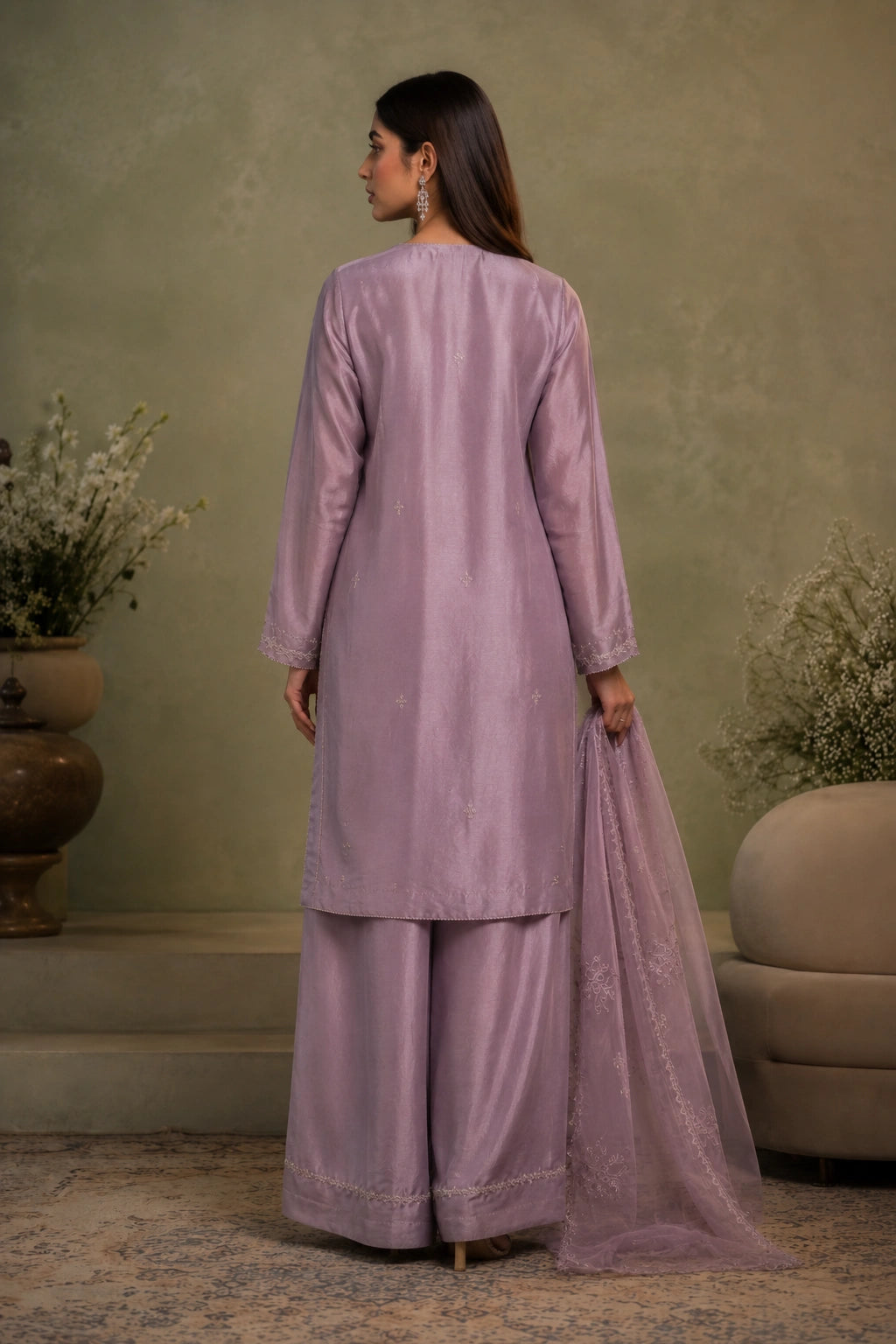 Améline Lilac by Miraam featuring a soft lilac sheesha silk embroidered shirt, matching wide-leg pants and an embroidered organza dupatta.
