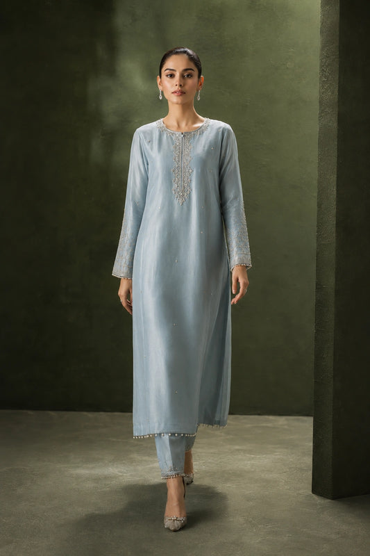 Azure Élise by Miraam featuring a powder blue sheesha silk shirt with straight pants and an embroidered organza dupatta.