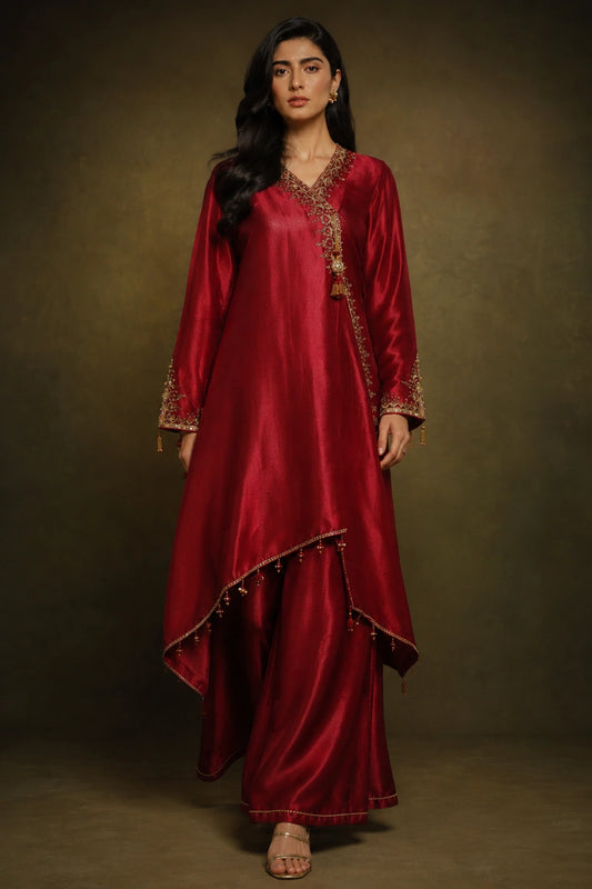 Rouge Celeste by Miraam featuring a ruby crimson asymmetrical sheesha silk shirt with palazzo trousers and an embroidered organza dupatta.