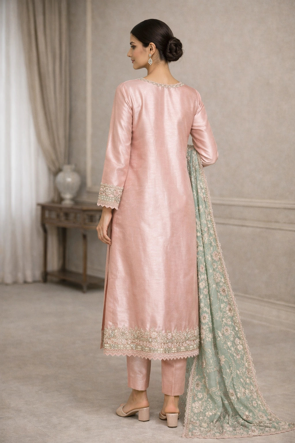 “Gulbahaar Mehr Pink pure raw silk festive outfit with delicate embroidery and contrasting embroidered dupatta by Miraam”
