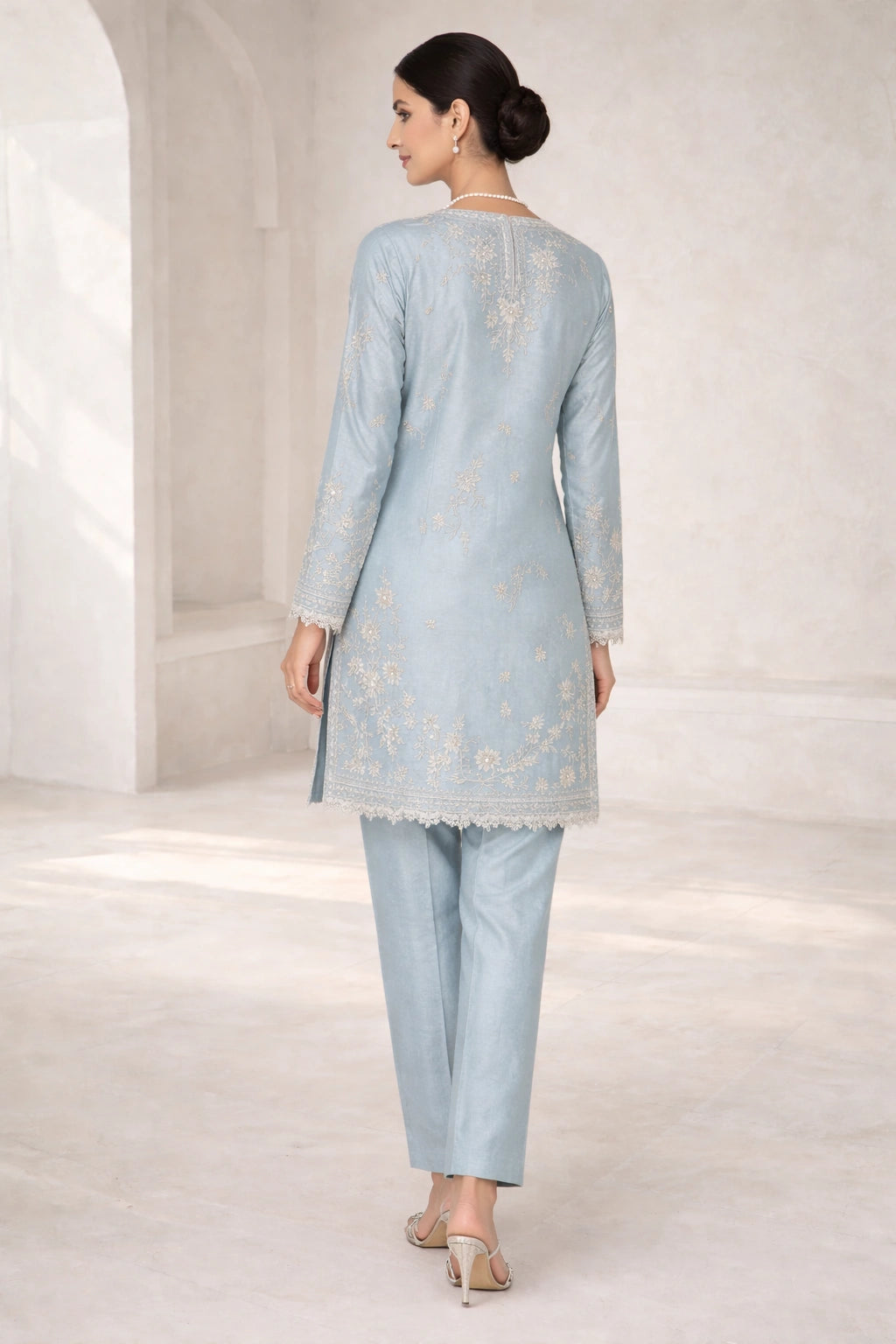 “Gulbahaar Neelam Blue pure raw silk festive outfit with delicate embroidery and sheer dupatta by Miraam”