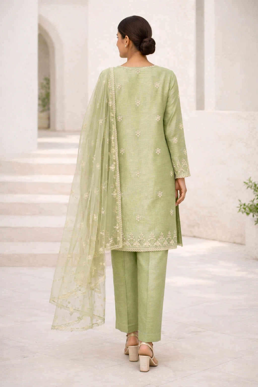 “Miraam Gulbahaar Zaitoon Mint pure raw silk festive outfit with delicate embroidery and sheer dupatta”