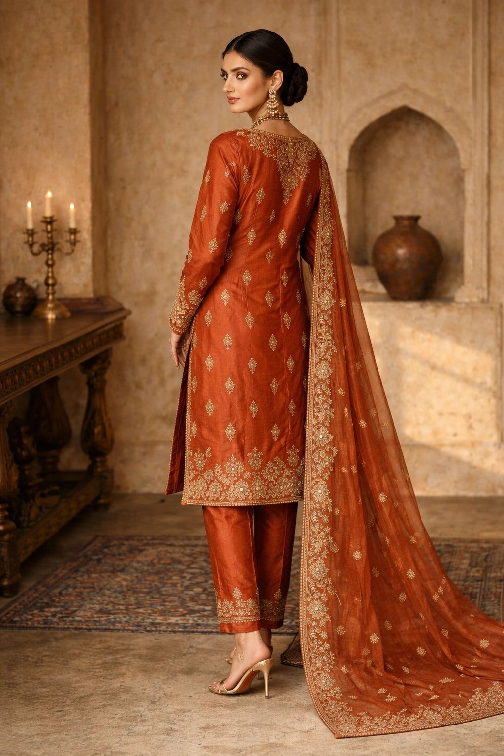 “Gulbahaar Zareen Rust pure raw silk festive outfit with intricate embroidery and sheer dupatta by Miraam”