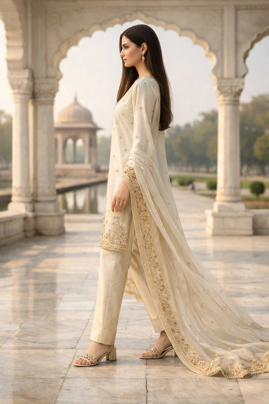 Ivory sheesha silk formal outfit with embroidered organza dupatta, Pakistani luxury festive wear