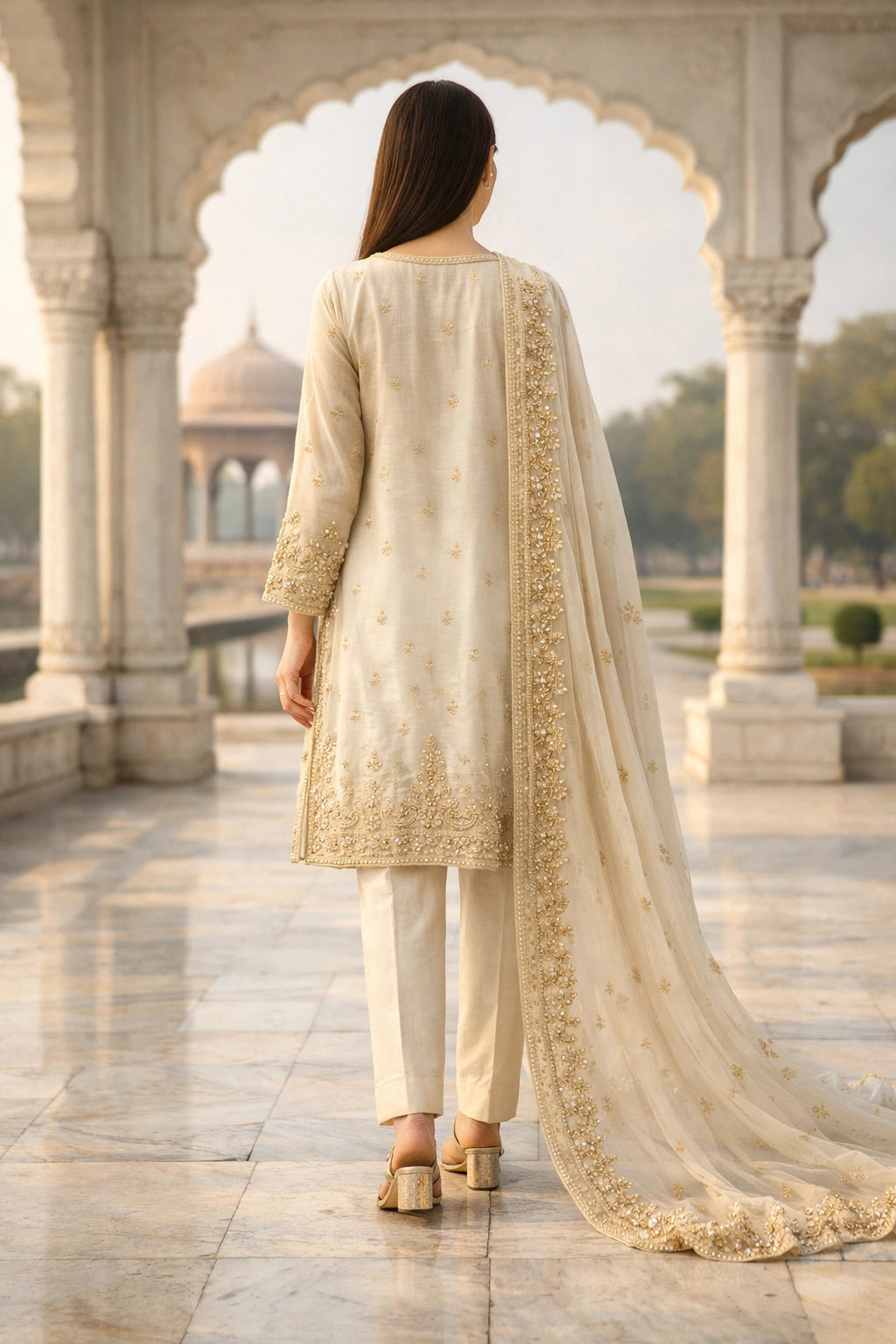 Ivory sheesha silk formal outfit with embroidered organza dupatta, Pakistani luxury festive wear