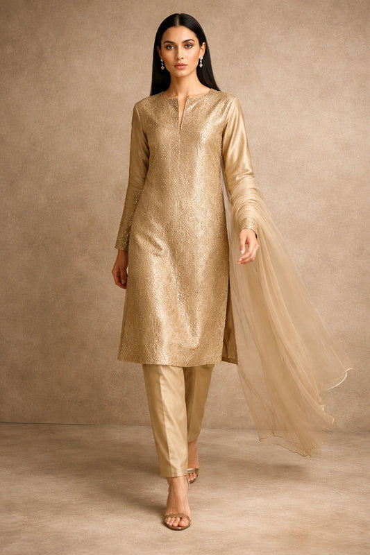 Gold tissue silk formal outfit with organza dupatta, minimalist Pakistani luxury festive wear
