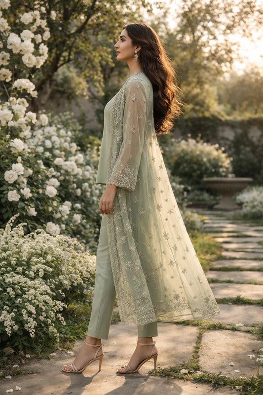 Sage green silk formal outfit with embroidered organza jacket, Pakistani luxury pret garden photoshoot
