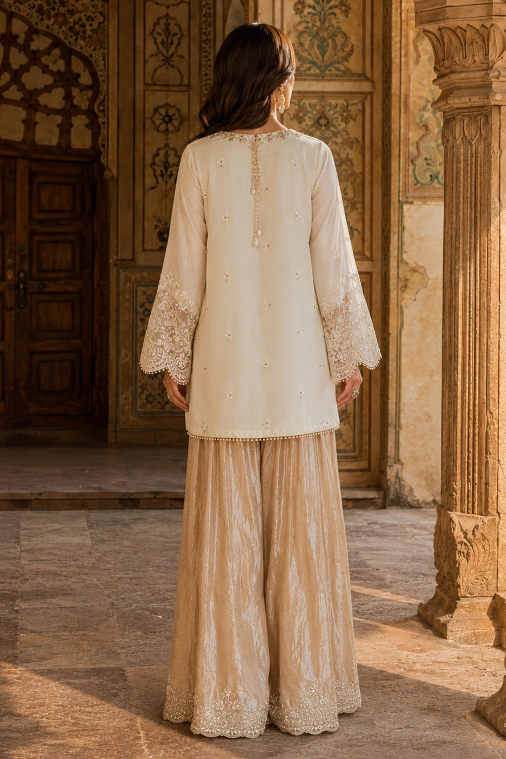 Celestine Ivory luxury ivory Korean silk formal dress featuring an embroidered straight shirt, crushed Korean silk sharara, and embroidered organza dupatta by Miraam.