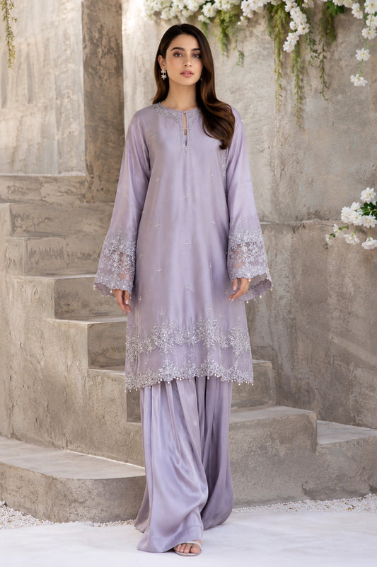 Lunaria Lilac luxury lilac Korean silk formal dress featuring an embroidered straight shirt, flowing sharara, and embroidered organza dupatta with pearl edging by Miraam.