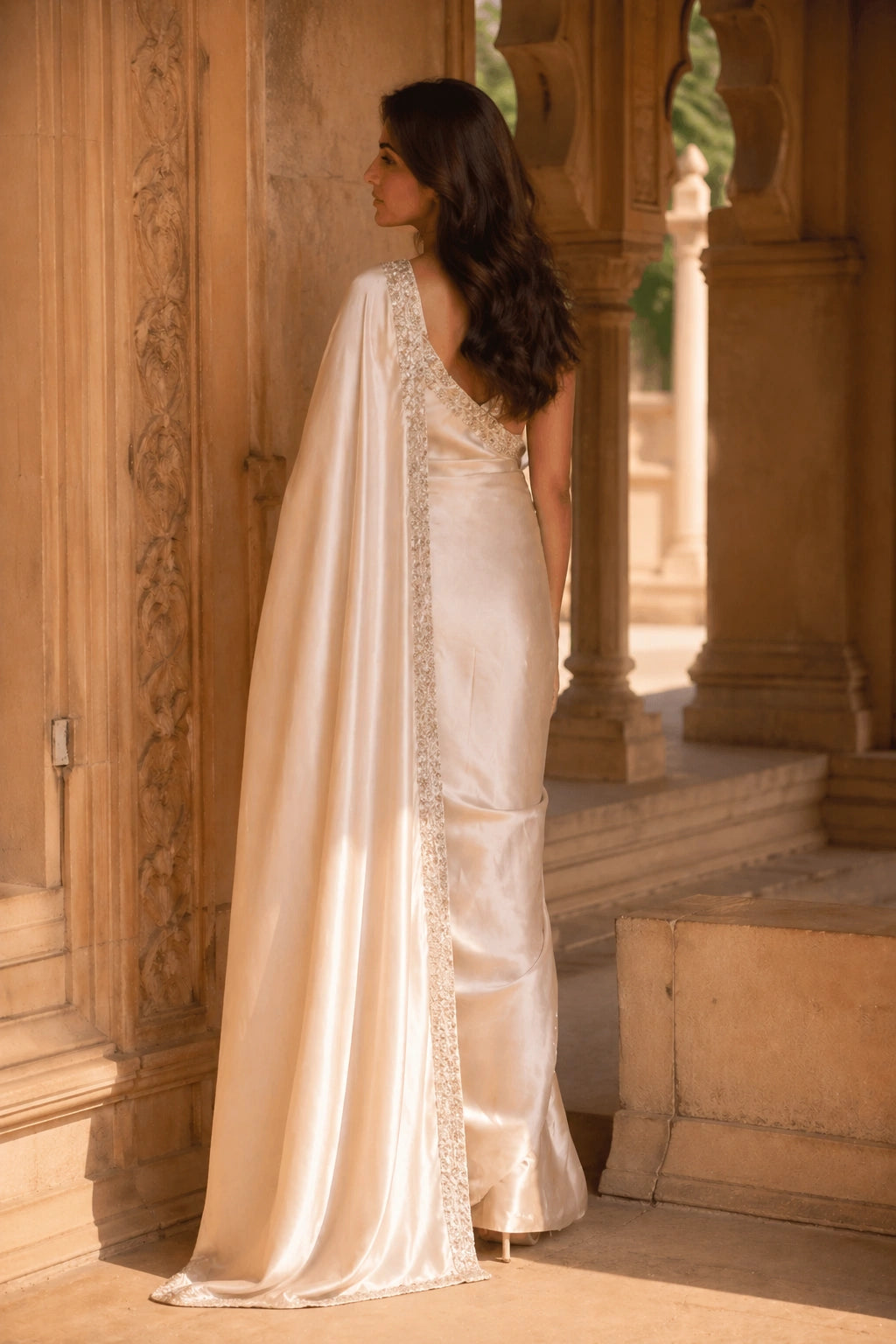 Ivory sheesha silk saree with embellished border by Miraam