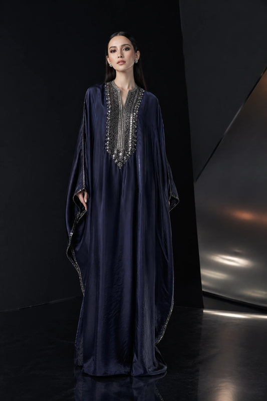 Midnight blue sheesha silk kaftan with embroidered neckline by Miraam