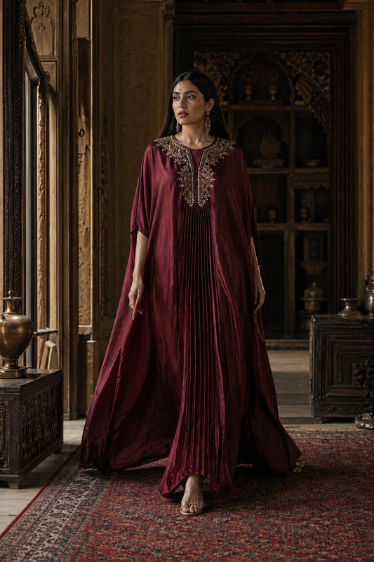 Maroon sheesha silk kaftan with embroidered neckline by Miraam