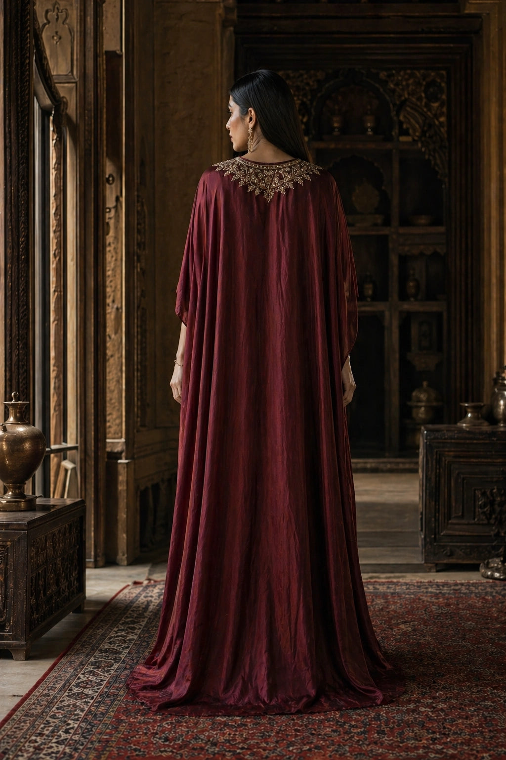 Maroon sheesha silk kaftan with embroidered neckline by Miraam