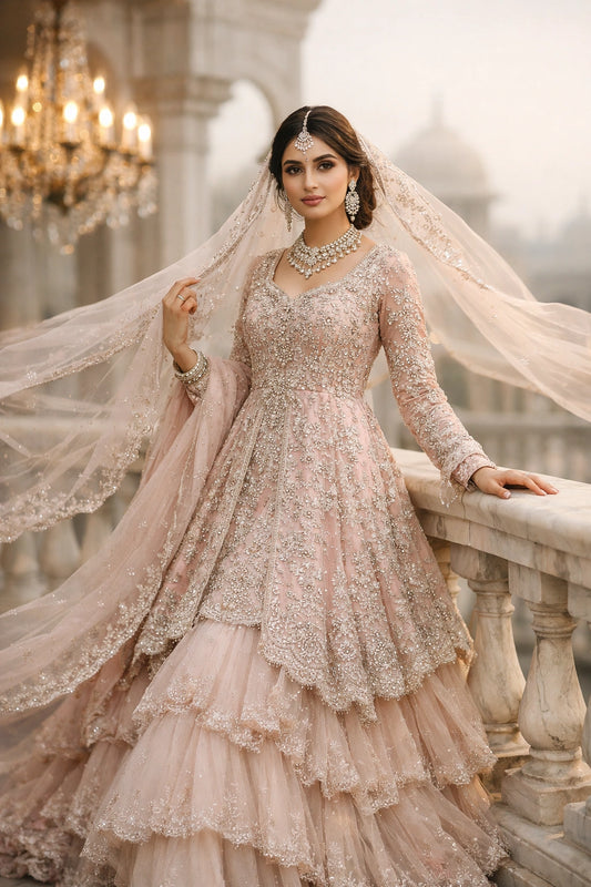 Bride wearing blush embroidered bridal pishwas with layered lehenga and dupatta on marble terrace setting