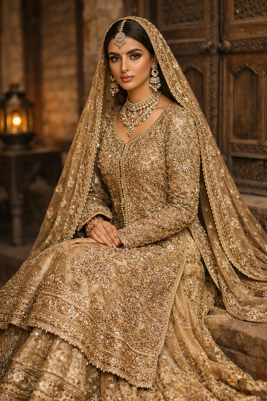 Bride wearing champagne gold embroidered bridal gown with lehenga and dupatta in heritage architectural setting