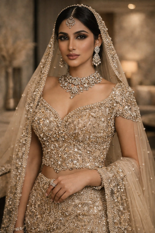 Bride wearing champagne mermaid bridal gown with sheer embroidered dupatta in luxury interior setting