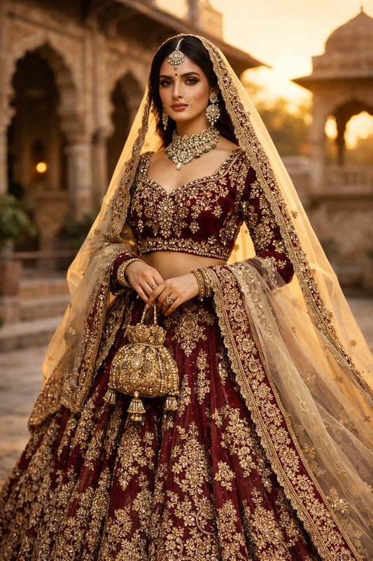 Bride wearing deep maroon bridal lehenga with gold embroidery and sheer dupatta in heritage courtyard setting