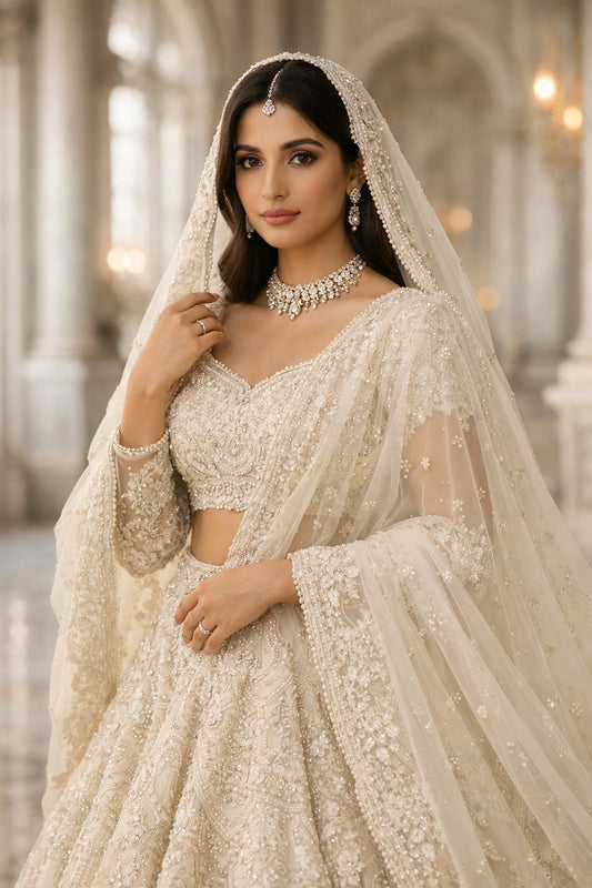 Bride wearing ivory embroidered bridal lehenga with sheer dupatta in grand marble hall setting