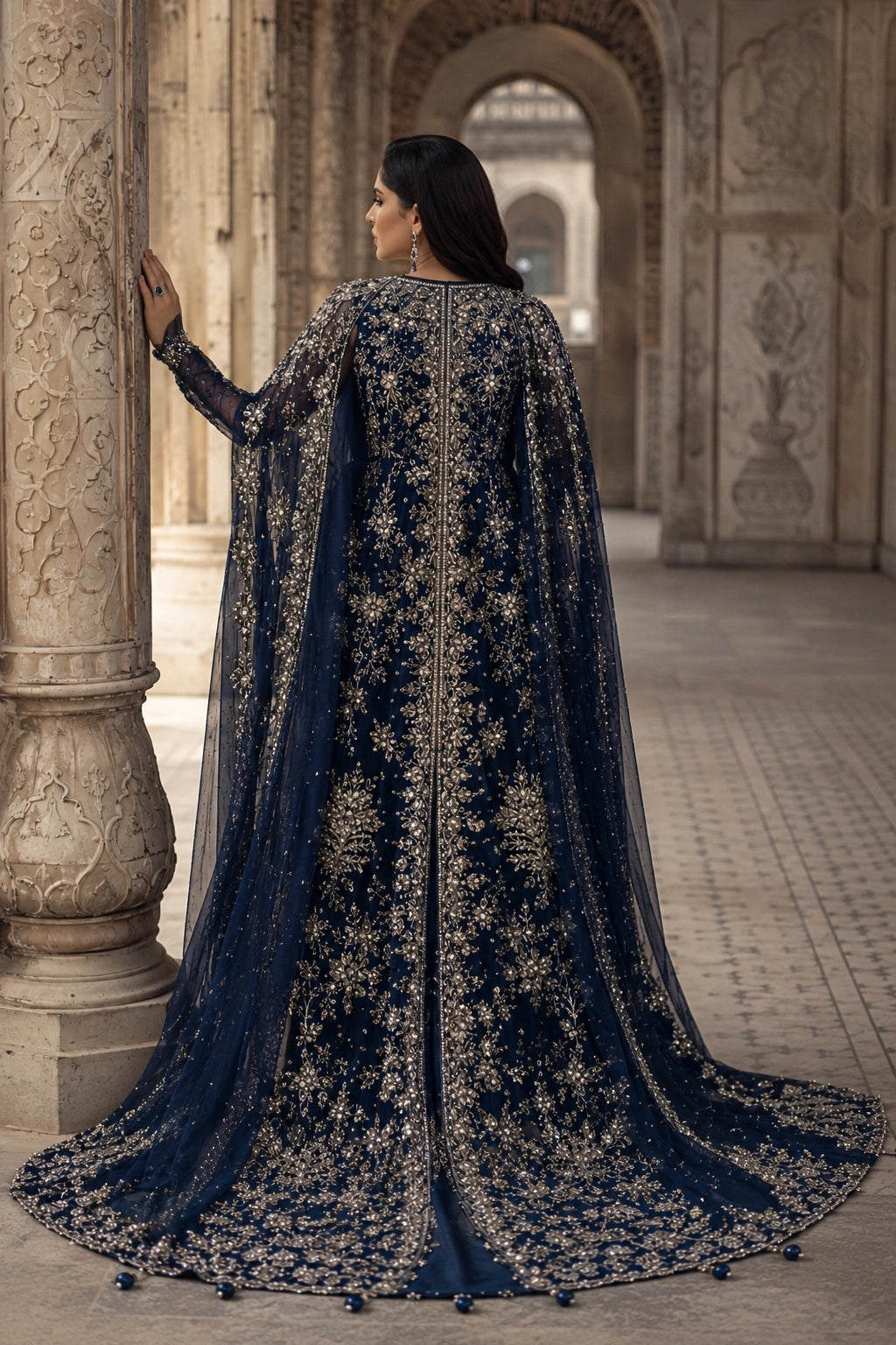 Woman wearing a navy blue sheesha silk embellished gown with attached embroidered organza cape by Miraam