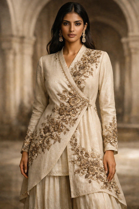 Ivory formal wrap shirt with embroidered gharara by Miraam, styled in a luxury editorial setting