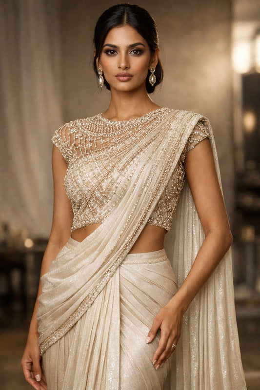 Ivory draped formal ensemble with embellished blouse by Miraam, styled in a luxury editorial setting