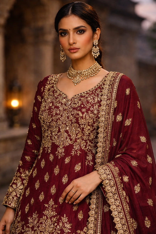 Maroon formal embroidered gharara set with dupatta by Miraam, styled in a luxury heritage editorial