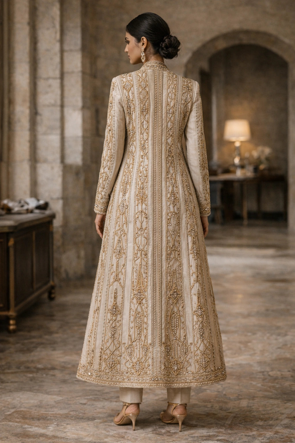 Ivory formal long jacket with tailored trousers by Miraam, styled in a luxury editorial setting