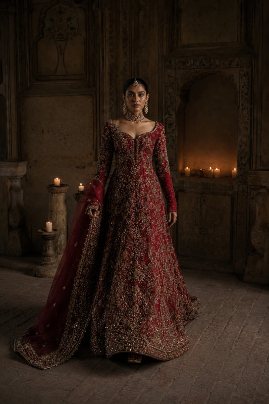 Model wearing a crimson raw silk bridal couture gown with intricate antique gold embellishment and embroidered organza dupatta in a regal heritage-inspired setting by Miraam.