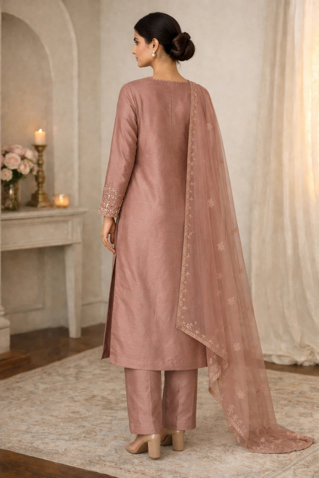 Rose sheesha silk outfit with hand-embellished neckline and sheer embroidered dupatta from Miraam’s Noor-e-Sheesha Collection