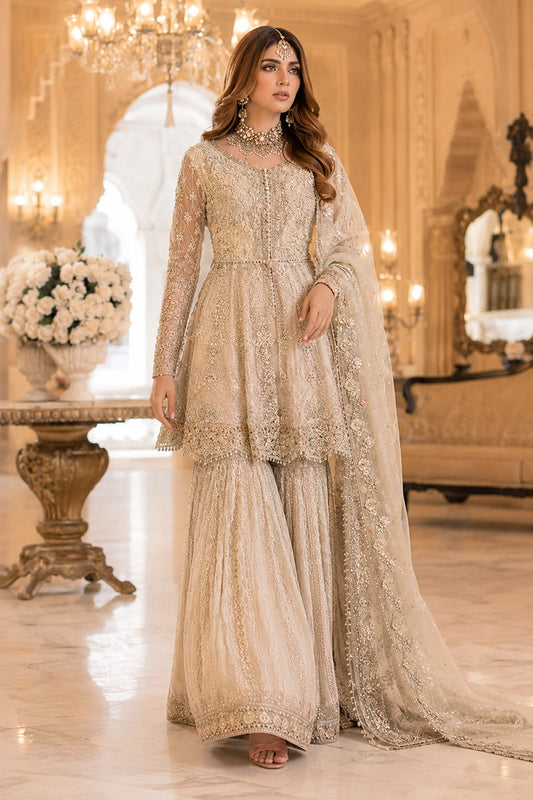 Miraam Ivory Gold luxury sheesha silk peplum with embellished organza sharara and embroidered dupatta for Pakistani wedding formal wear