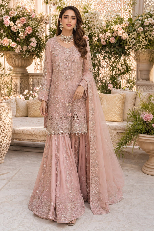 Miraam Nooré Gulrukh blush pink silk peplum with farshi sharara and embellished organza dupatta for luxury Pakistani wedding formal wear