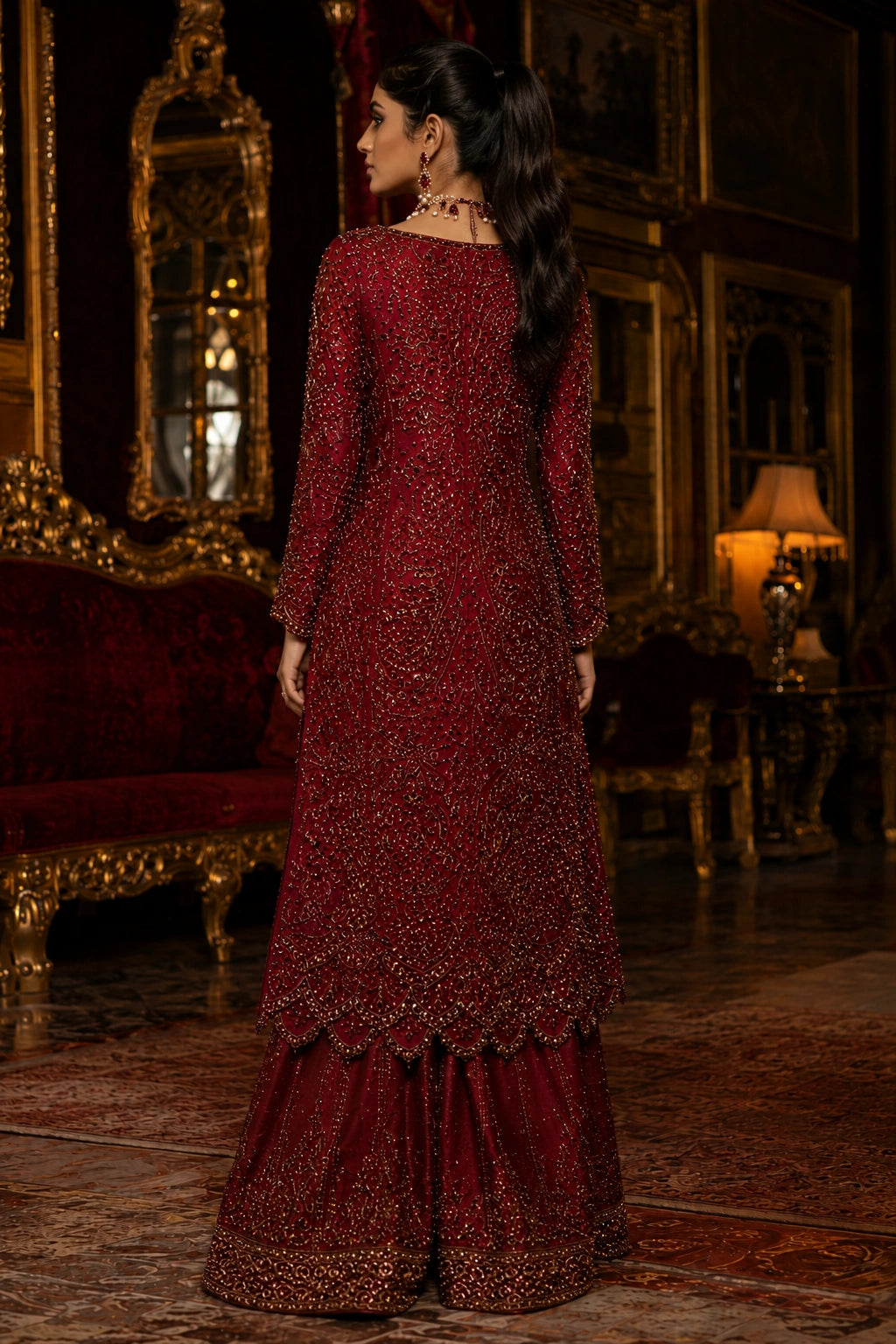 Miraam Nooré Rubab crimson silk embellished shirt with flared pants for luxury Pakistani wedding formal wear