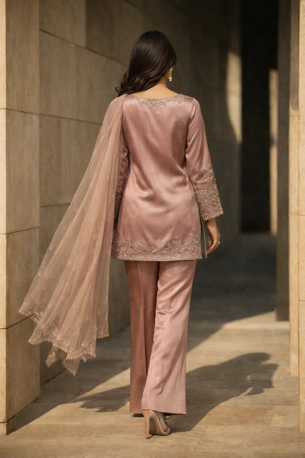 Elara Blush Rose Miraam Korean silk embroidered formal suit with organza dupatta luxury Pakistani festive wear