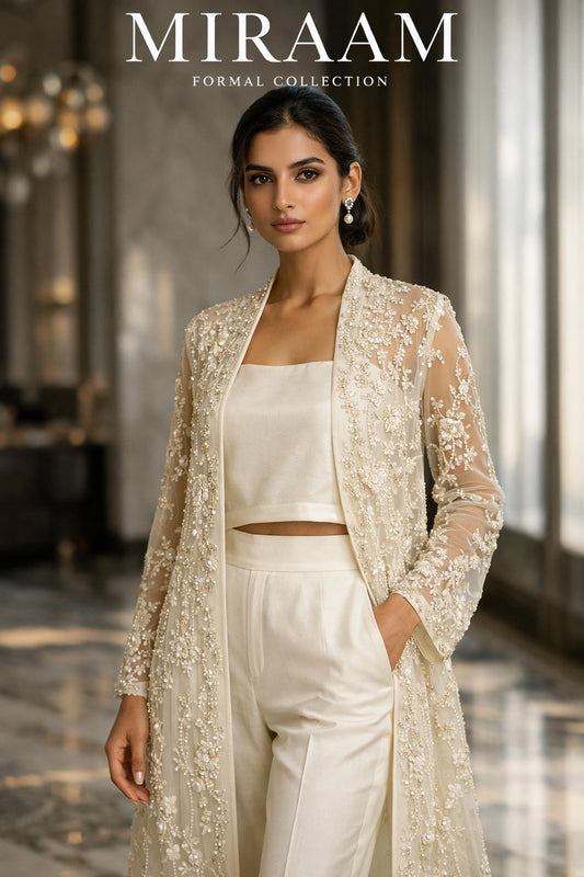 Liyana Pearl Ivory Miraam embroidered organza jacket with silk bustier and tailored trousers luxury Pakistani formal couture wear
