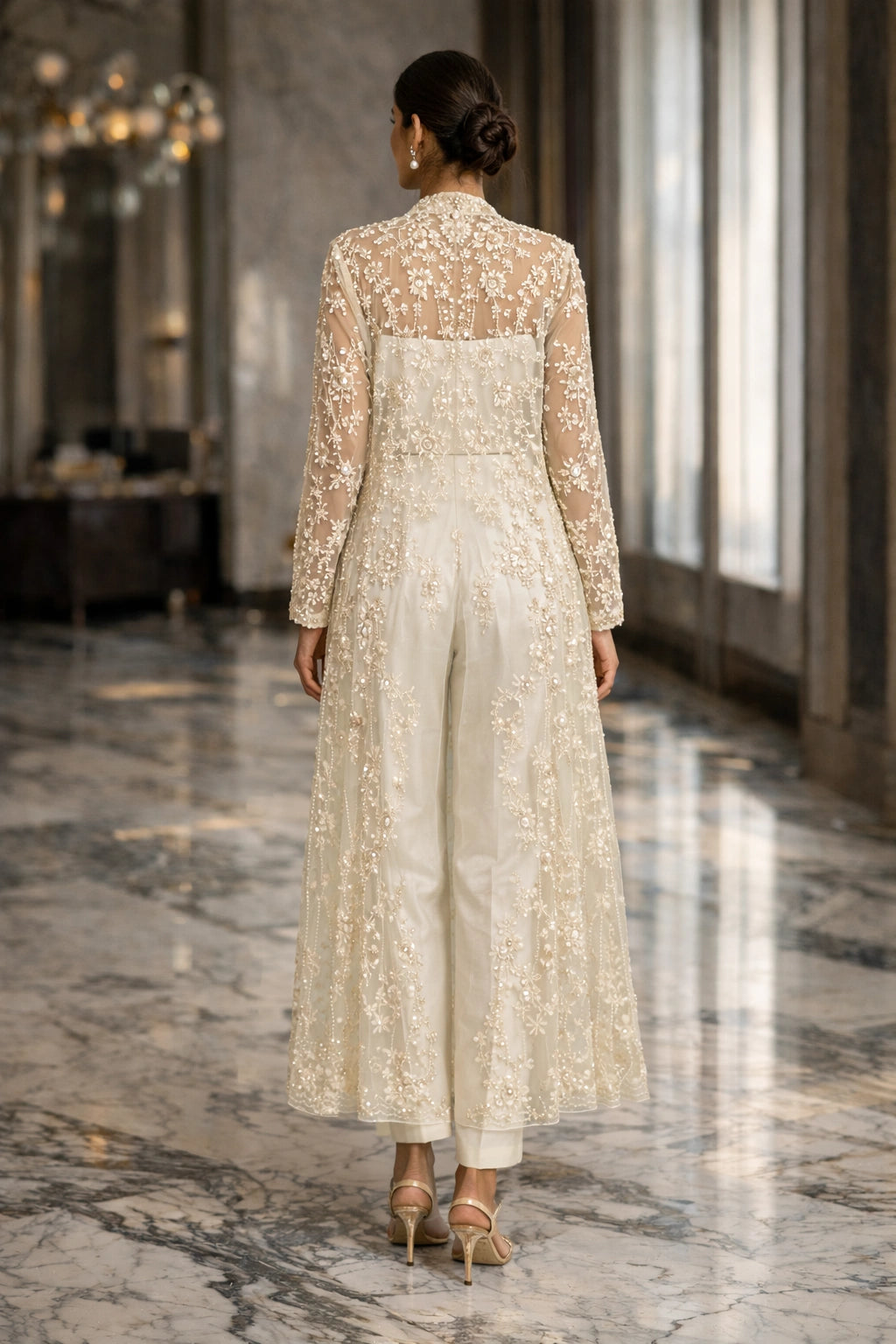Liyana Pearl Ivory Miraam embroidered organza jacket with silk bustier and tailored trousers luxury Pakistani formal couture wear