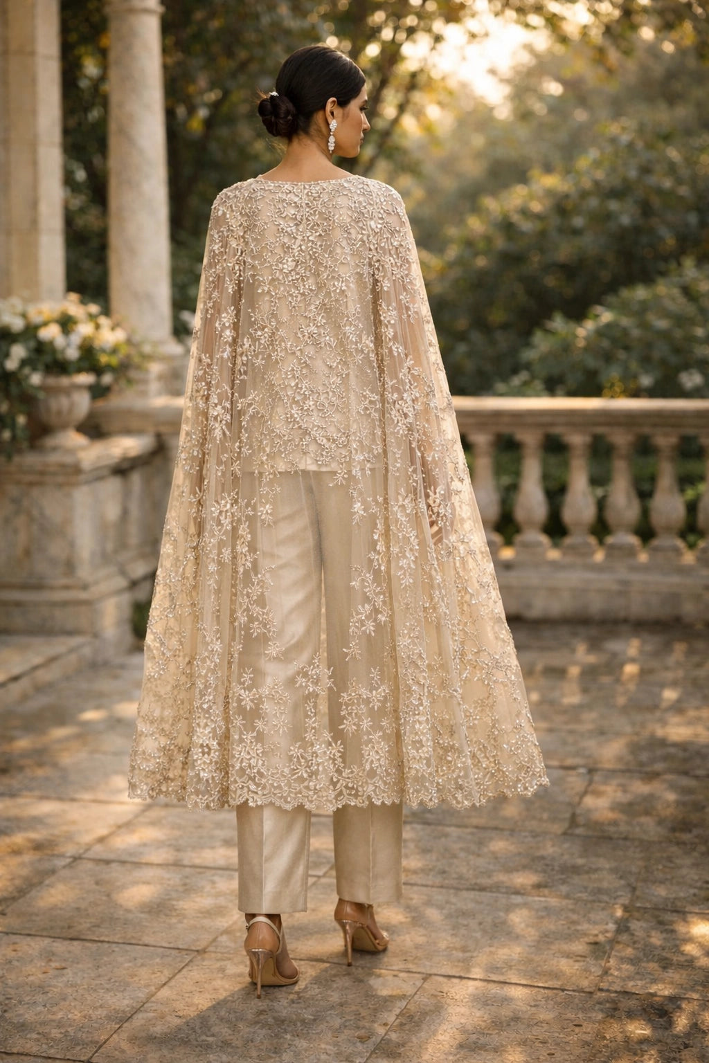 Sahar Champagne Miraam embroidered organza cape with sheesha silk inner and trousers luxury Pakistani formal couture wear