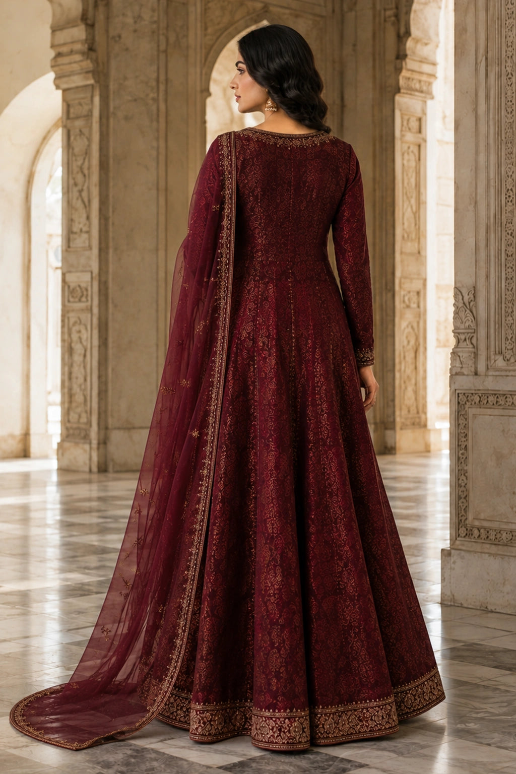 Afsana Burgundy jamawar kalidar with embroidered organza dupatta by Miraam