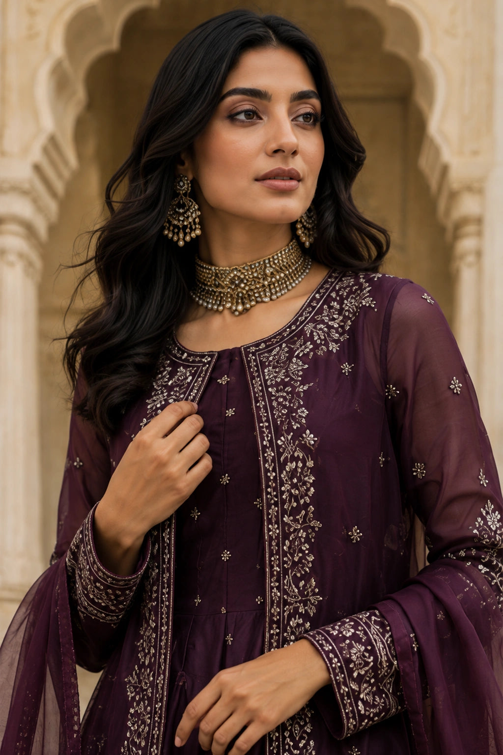 Mahveen Plum sheesha silk kalidar with embroidered net jacket and net dupatta by Miraam