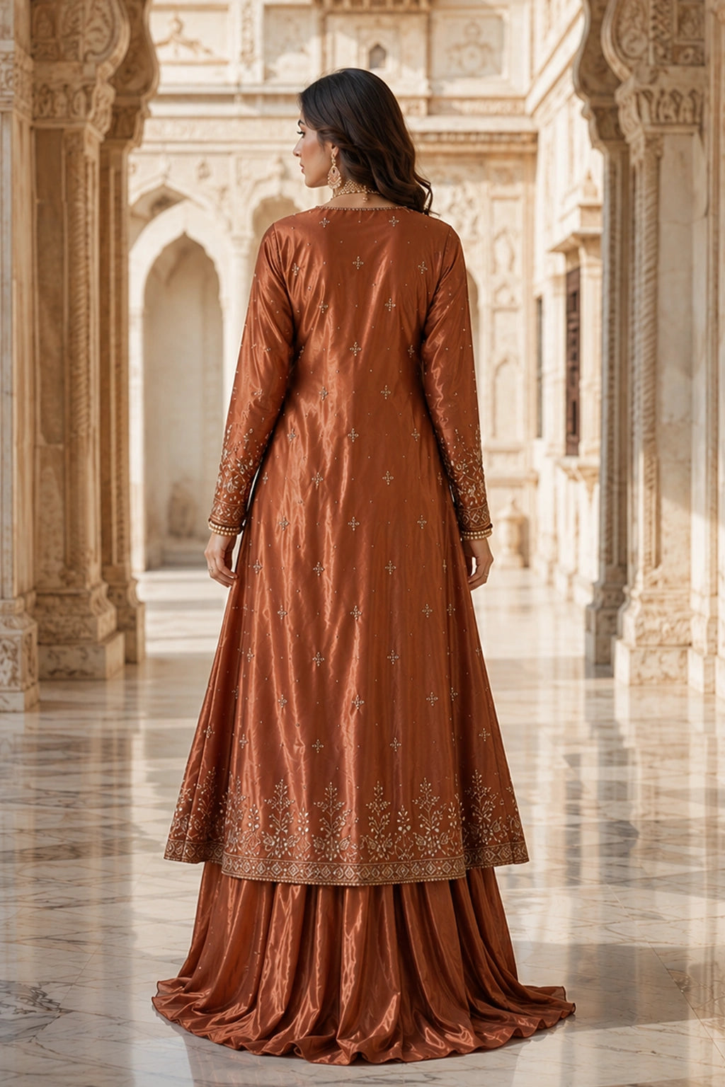 Roshang Copper sheesha silk shirt with farshi lehenga and embroidered organza dupatta by Miraam