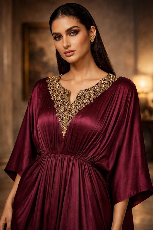 Wine silk kaftan with embellished neckline and gathered silhouette, luxury Pakistani festive wear