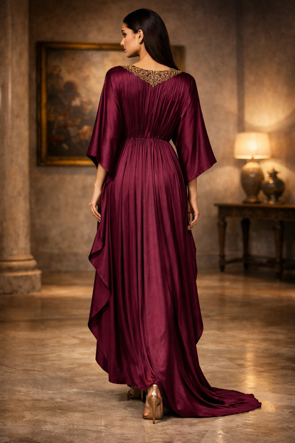 Wine silk kaftan with embellished neckline and gathered silhouette, luxury Pakistani festive wear