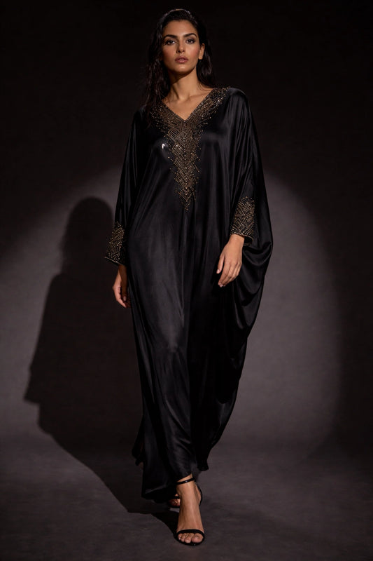 Black silk kaftan with gold embellished neckline, luxury Pakistani evening kaftan dress