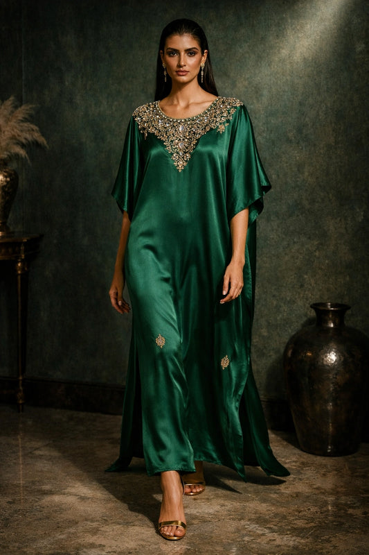 Emerald green sheesha silk kaftan with embellished neckline, luxury Pakistani evening kaftan