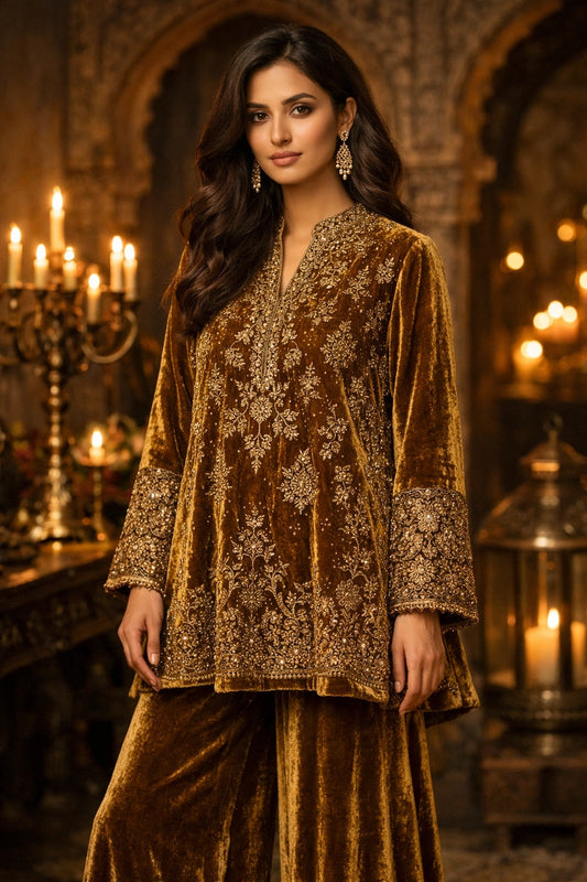 Amber velvet formal ensemble featuring intricate embroidery and wide-leg velvet trousers by Miraam.