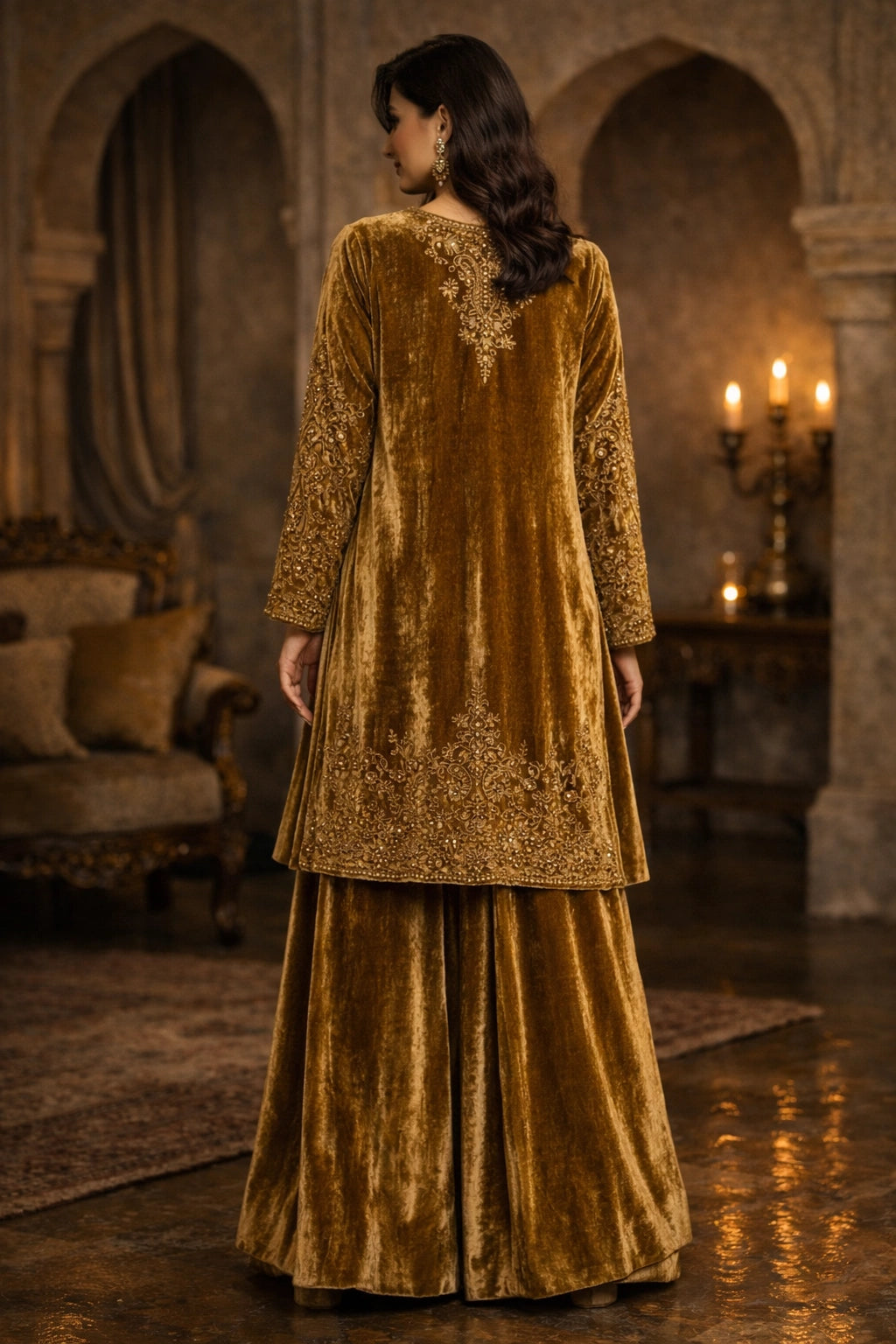 Antique gold velvet formal ensemble featuring delicate embroidery and wide velvet trousers by Miraam.