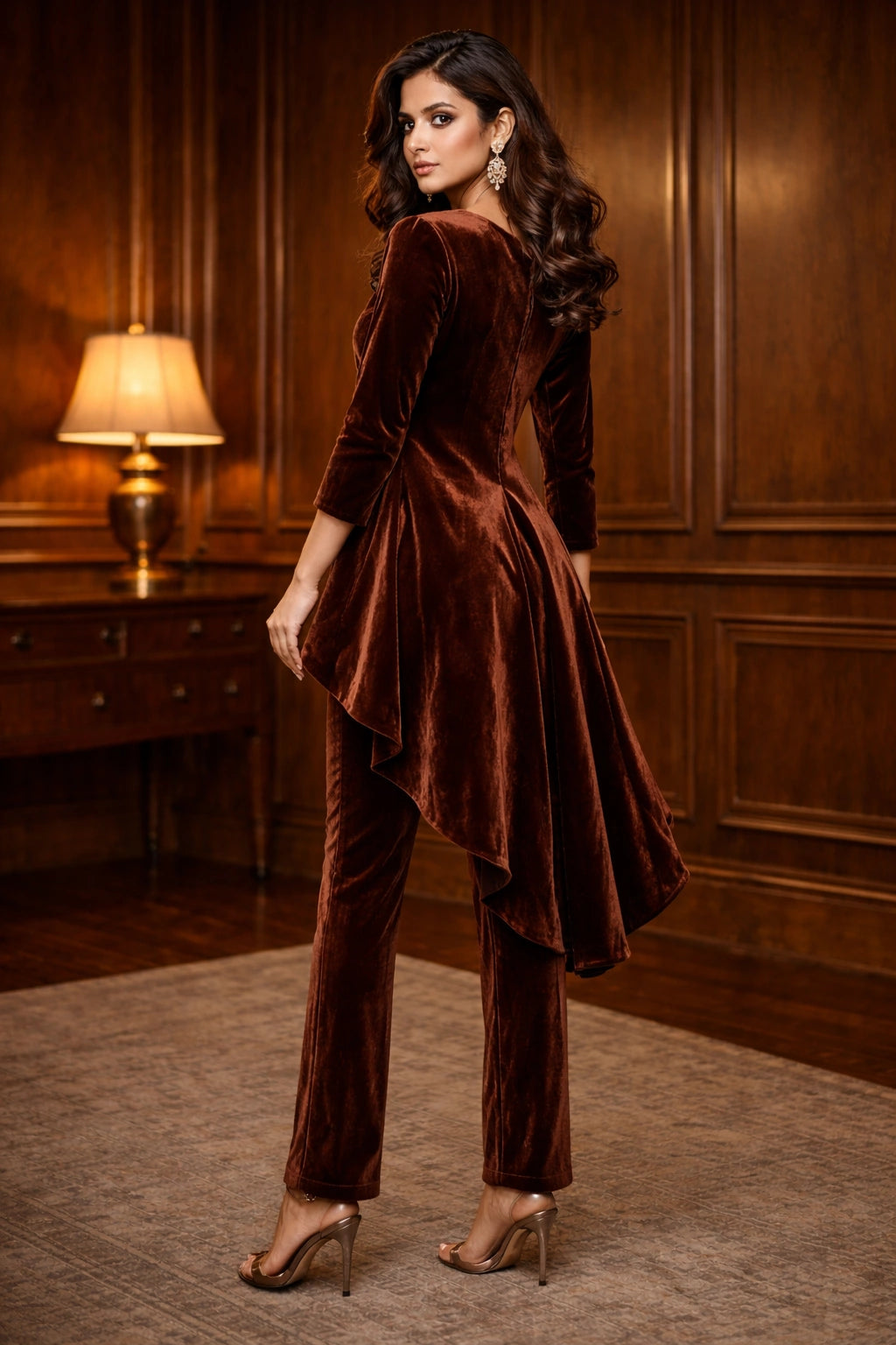 Cocoa brown velvet contemporary formal ensemble featuring a fluid high-low silhouette and tailored velvet trousers by Miraam.