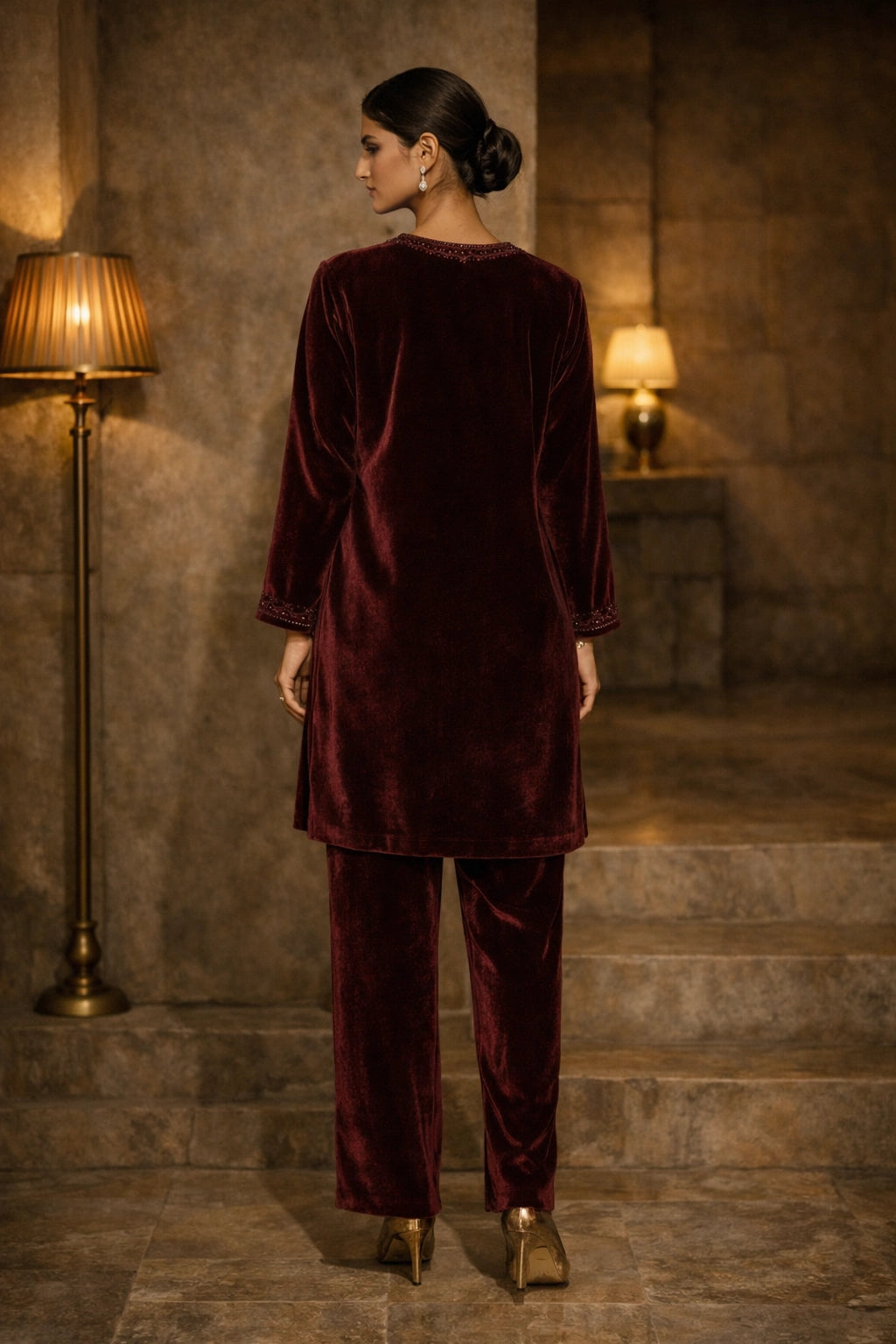 Merlot velvet formal ensemble featuring a clean silhouette with subtle neckline detailing by Miraam.