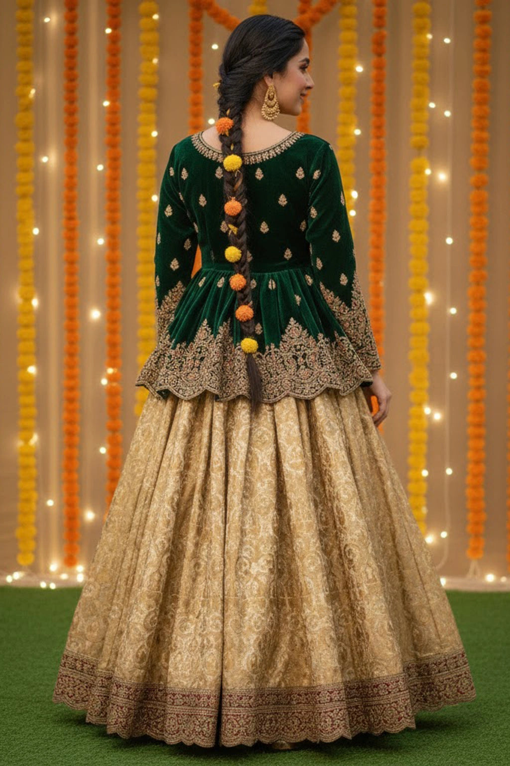 Emerald velvet festive ensemble featuring an embroidered short shirt, flowing lehenga, and sheer embroidered dupatta by Miraam.